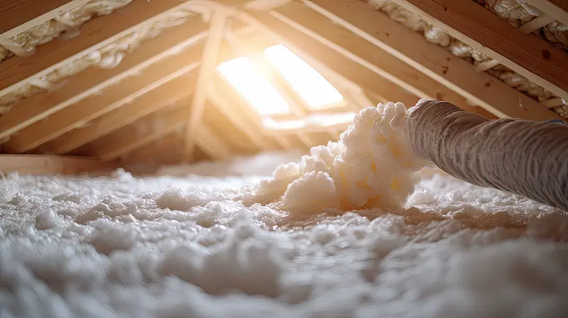 Attic insulation using foam in progress