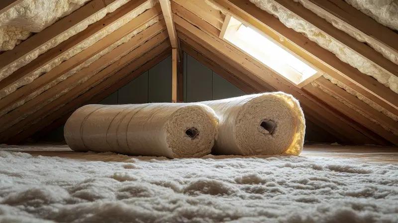 Rolls of insulation material in a loft