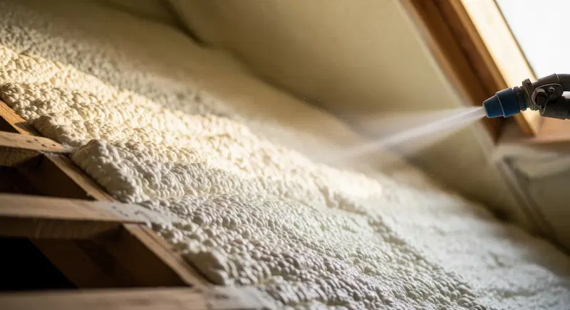 Spray foam insulation being applied to the attic roof