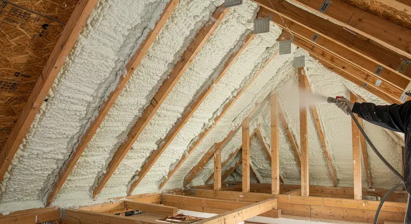 Spray foam insulation filling attic rafters
