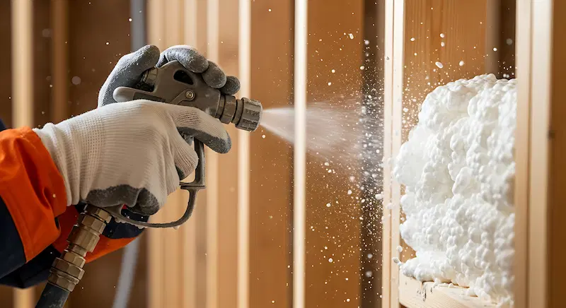 Spraying foam insulation in a new construction