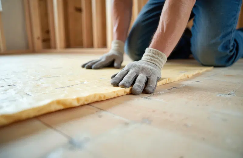 Worker installing insulation on the floor