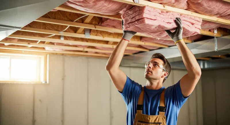 Worker installing insulation in the ceiling using pink fibreglass